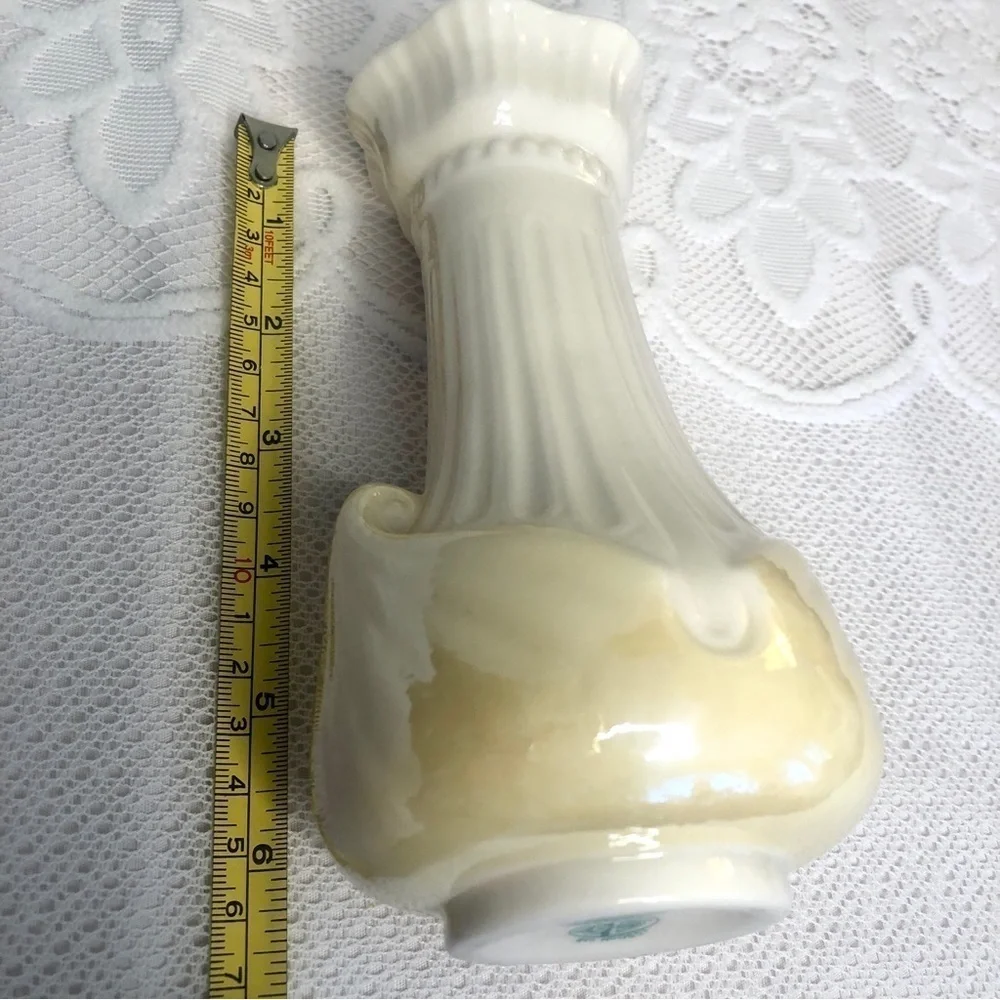 Belleek Moore Vase Vintage Ireland Ivory with Yellow Lustre Scallop Rim Irish